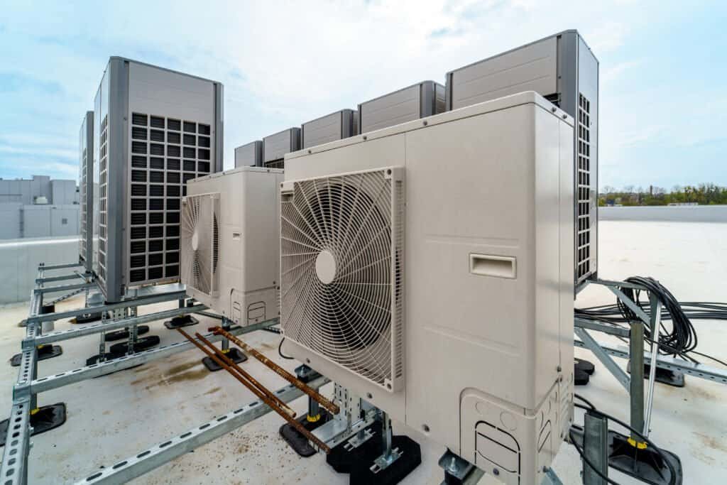 Rooftop HVAC units for commercial building cooling and heating.